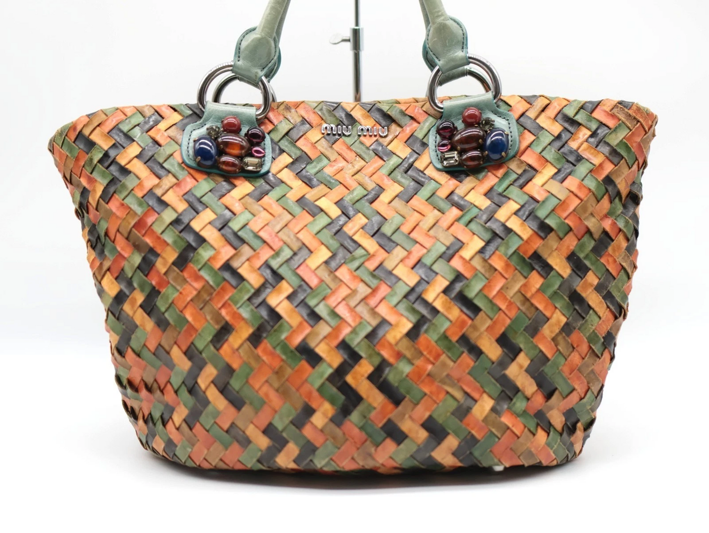 Miu Miu multi-colored intrecciatio woven leather satchel with crystal accents
