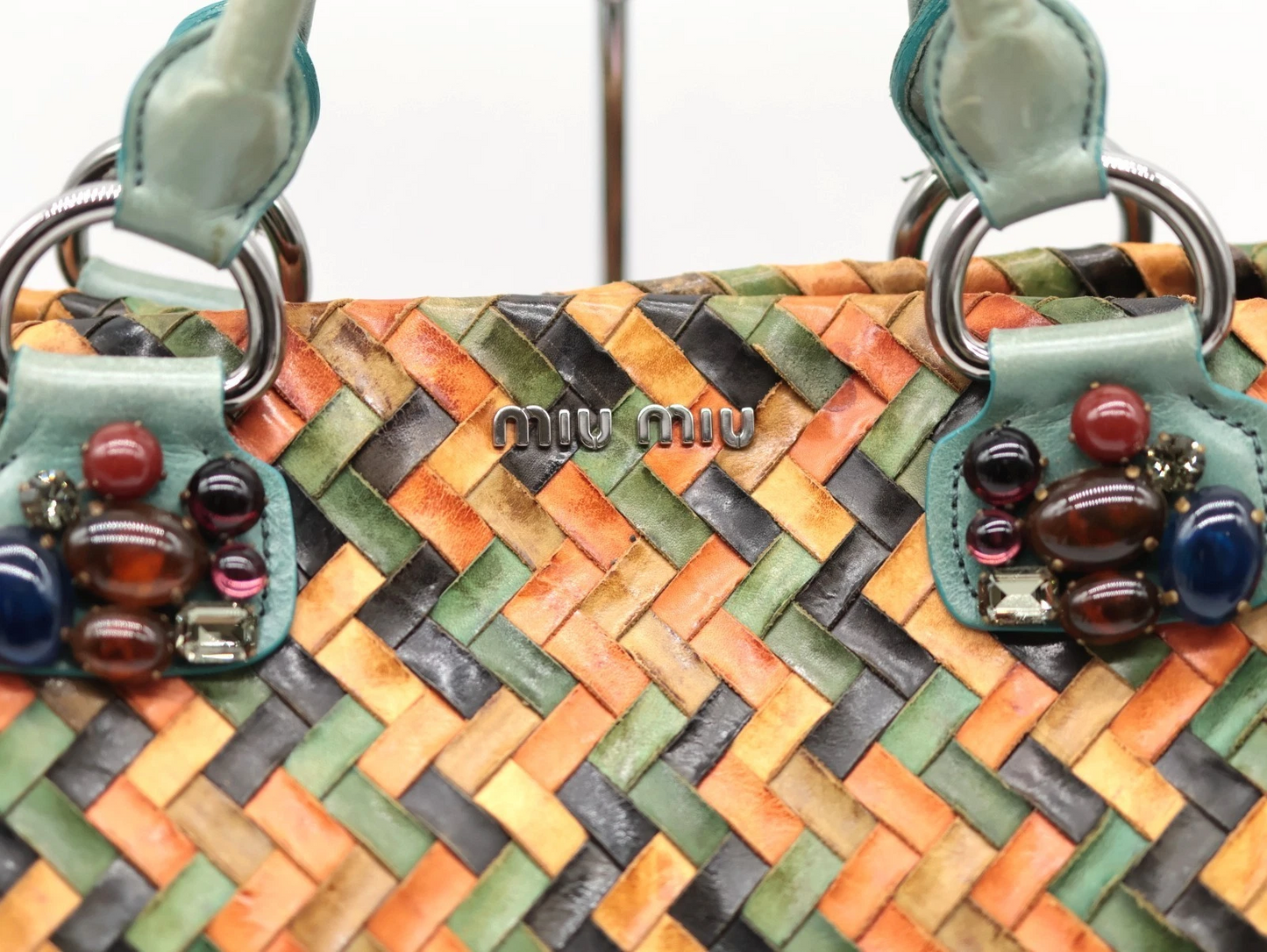 Miu Miu multi-colored intrecciatio woven leather satchel with crystal accents