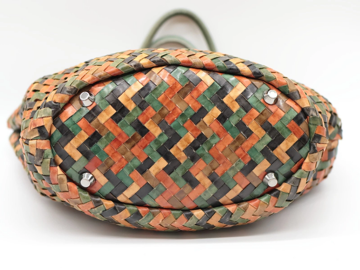 Miu Miu multi-colored intrecciatio woven leather satchel with crystal accents