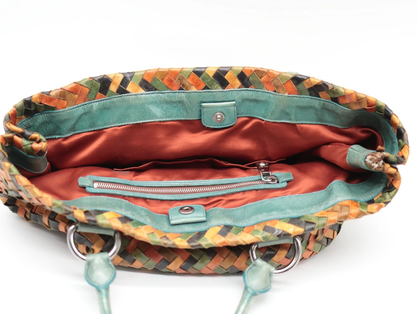 Miu Miu multi-colored intrecciatio woven leather satchel with crystal accents