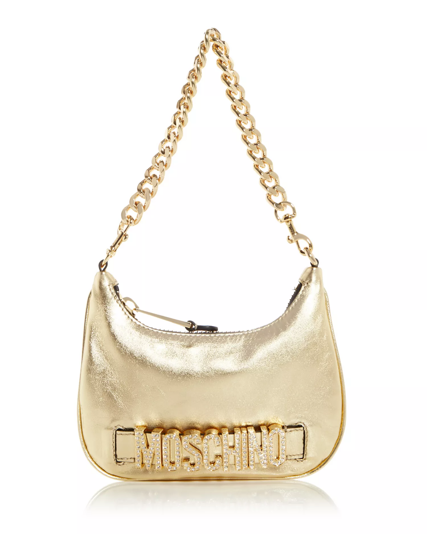 NWT Moschino Gold Leather Hobo w Chain Strap & Embellished Logo