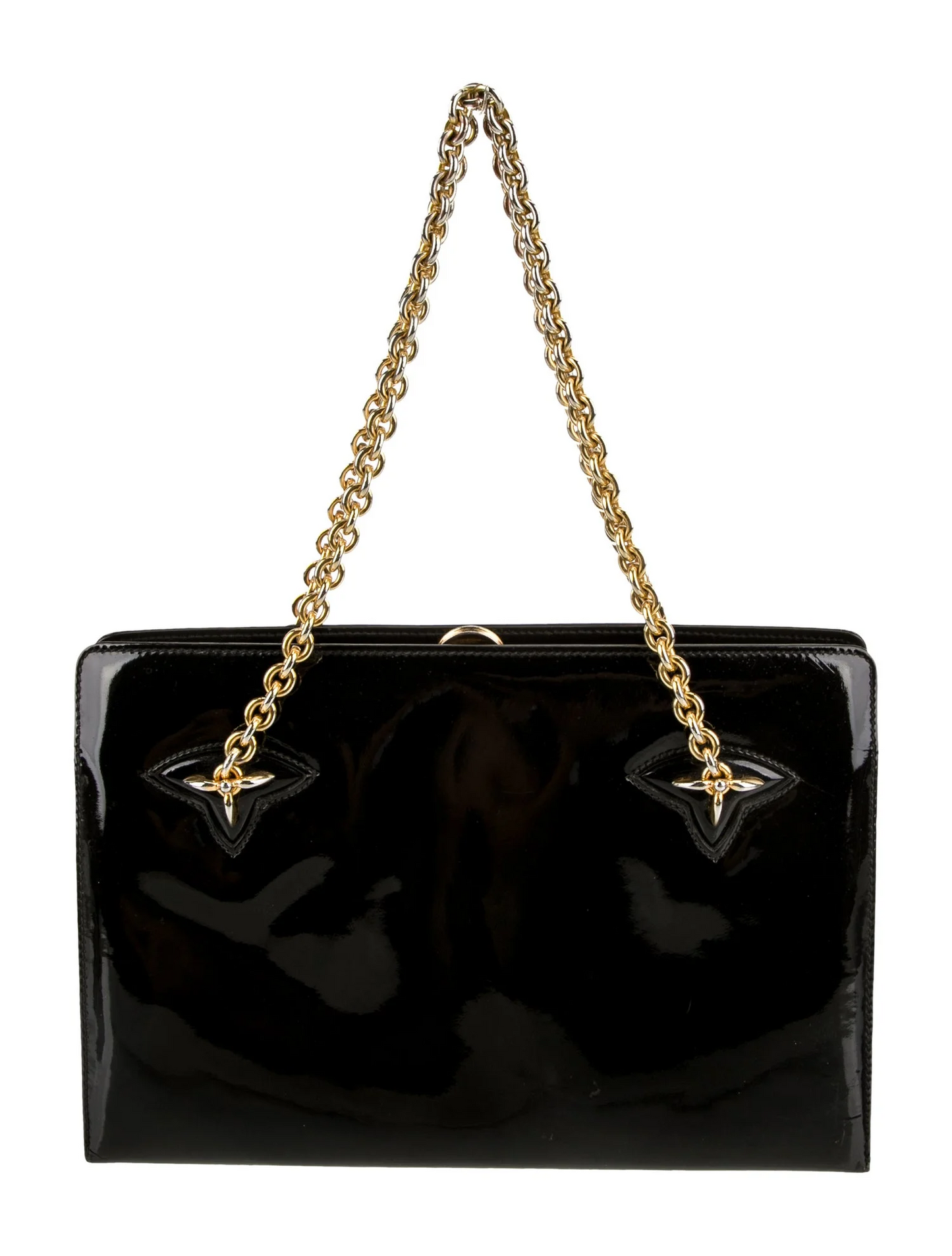 Gucci black patent leather Kelly bag with gold chain accents!