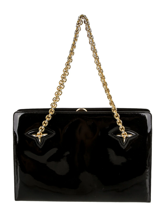 Gucci black patent leather Kelly bag with gold chain accents!