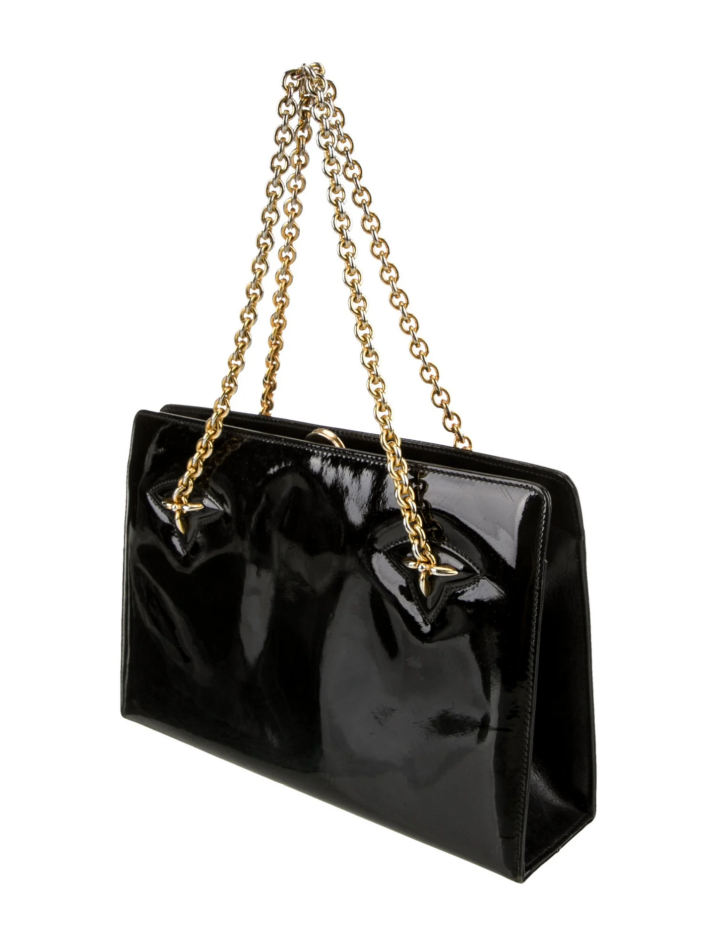 Gucci black patent leather Kelly bag with gold chain accents!