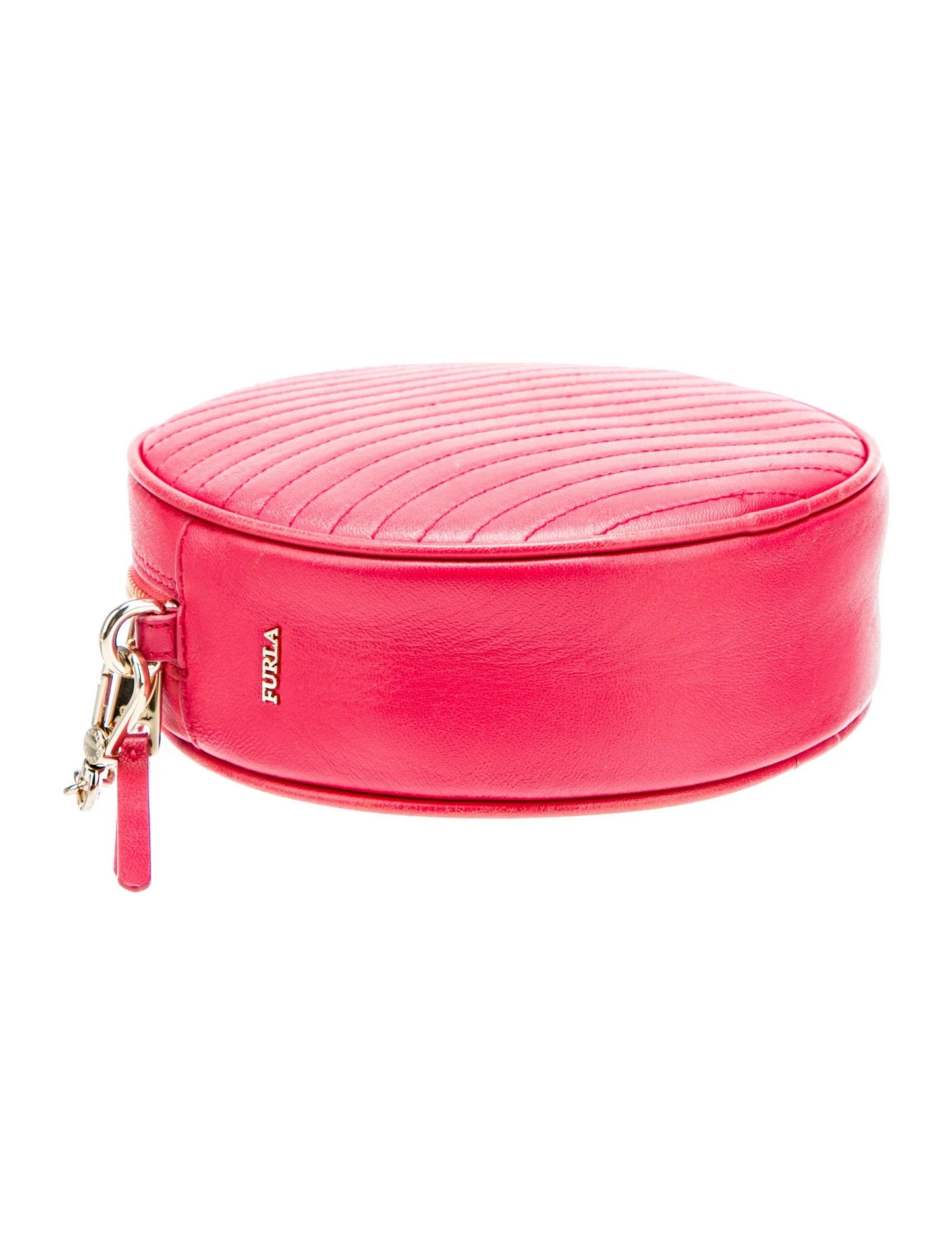 Furla pink leather round canteen style purse with a chain strap