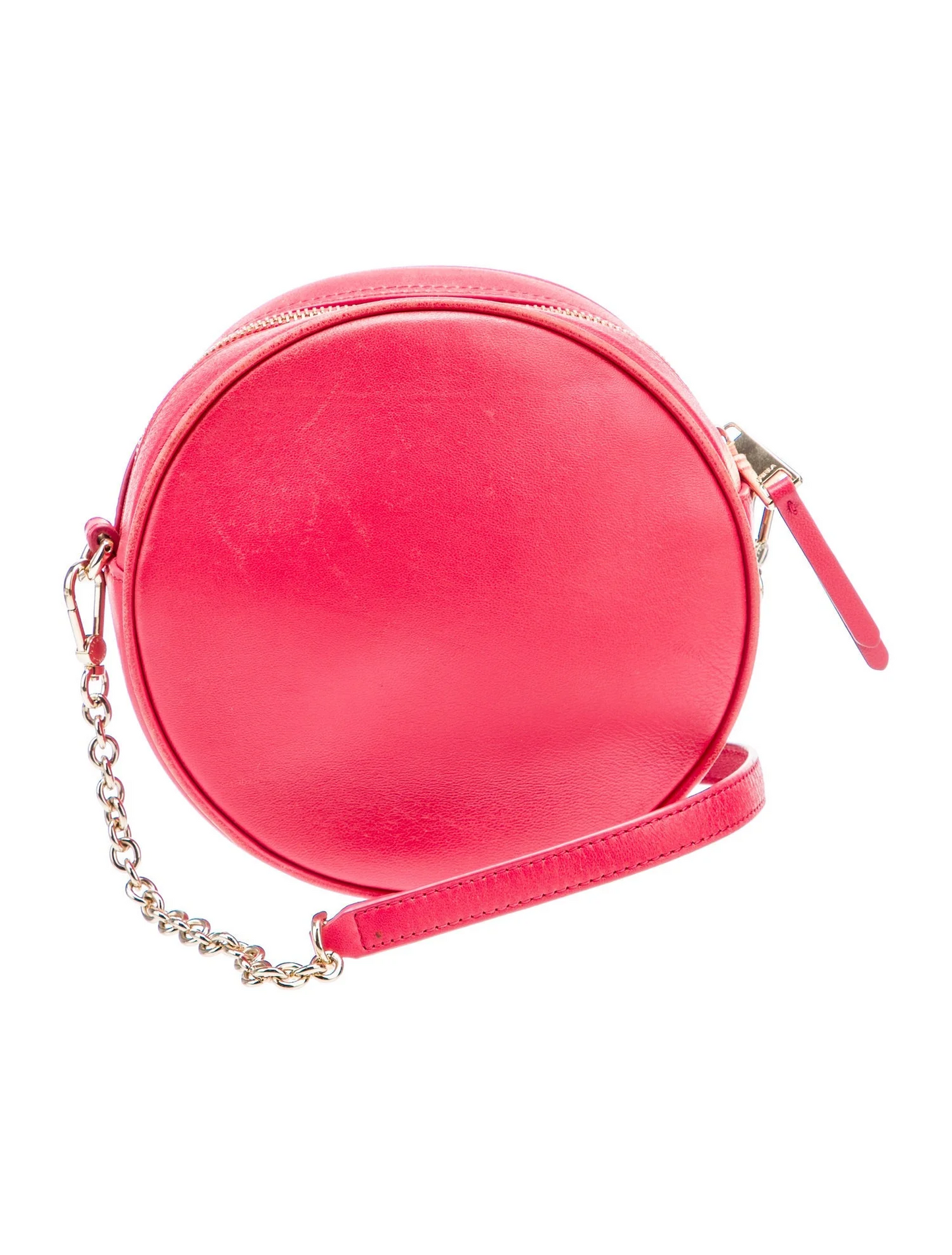 Furla pink leather round canteen style purse with a chain strap