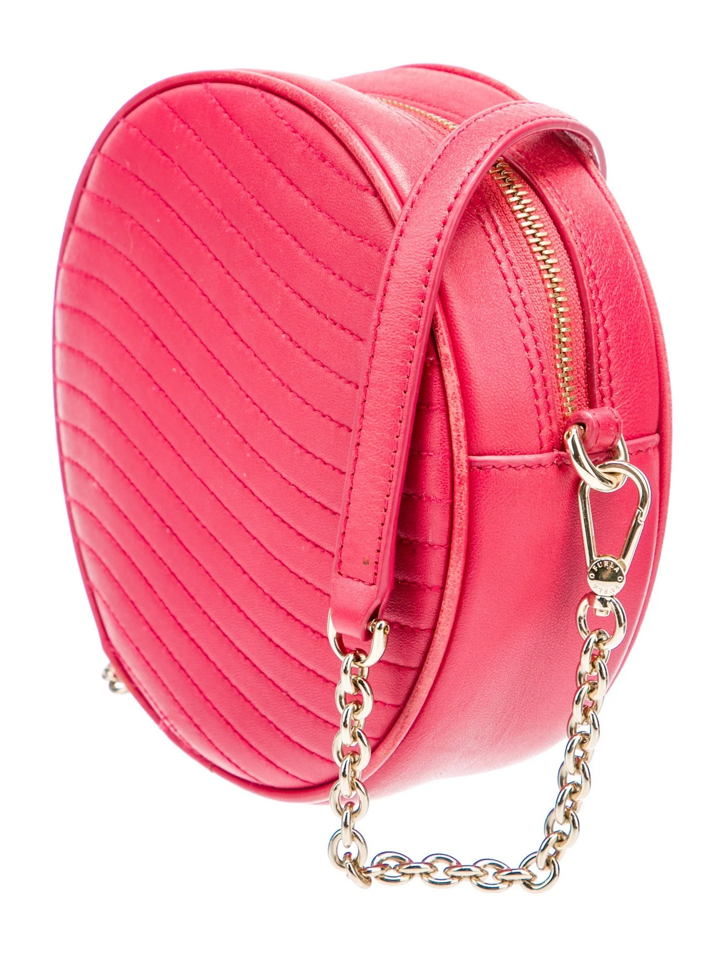 Furla pink leather round canteen style purse with a chain strap