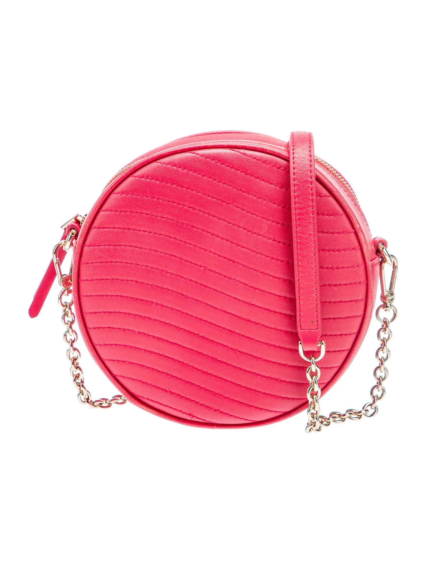 Furla pink leather round canteen style purse with a chain strap