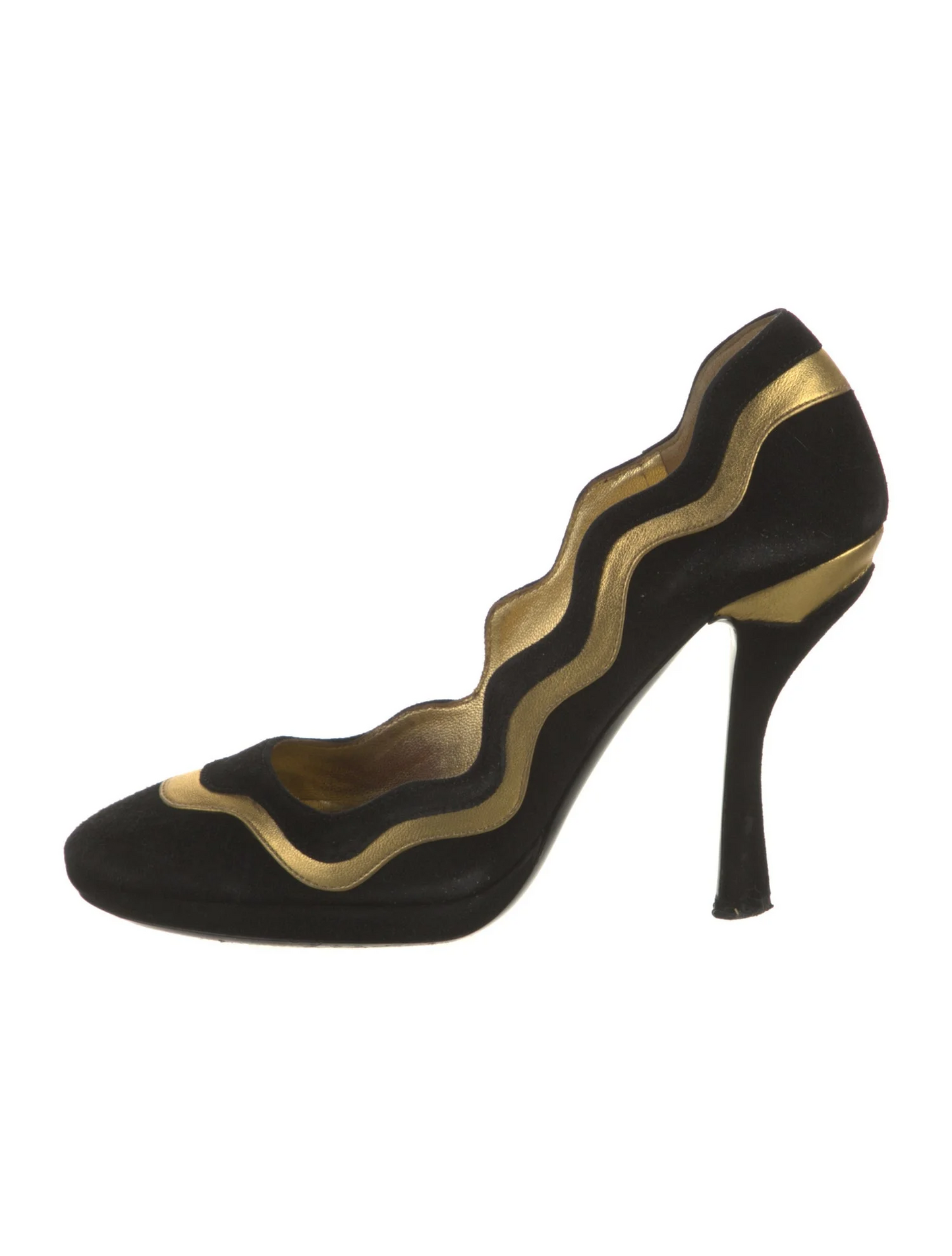 Prada black suede heels with gold wavy accent in size 6.5 with box