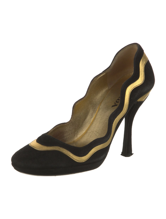 Prada black suede heels with gold wavy accent in size 6.5 with box