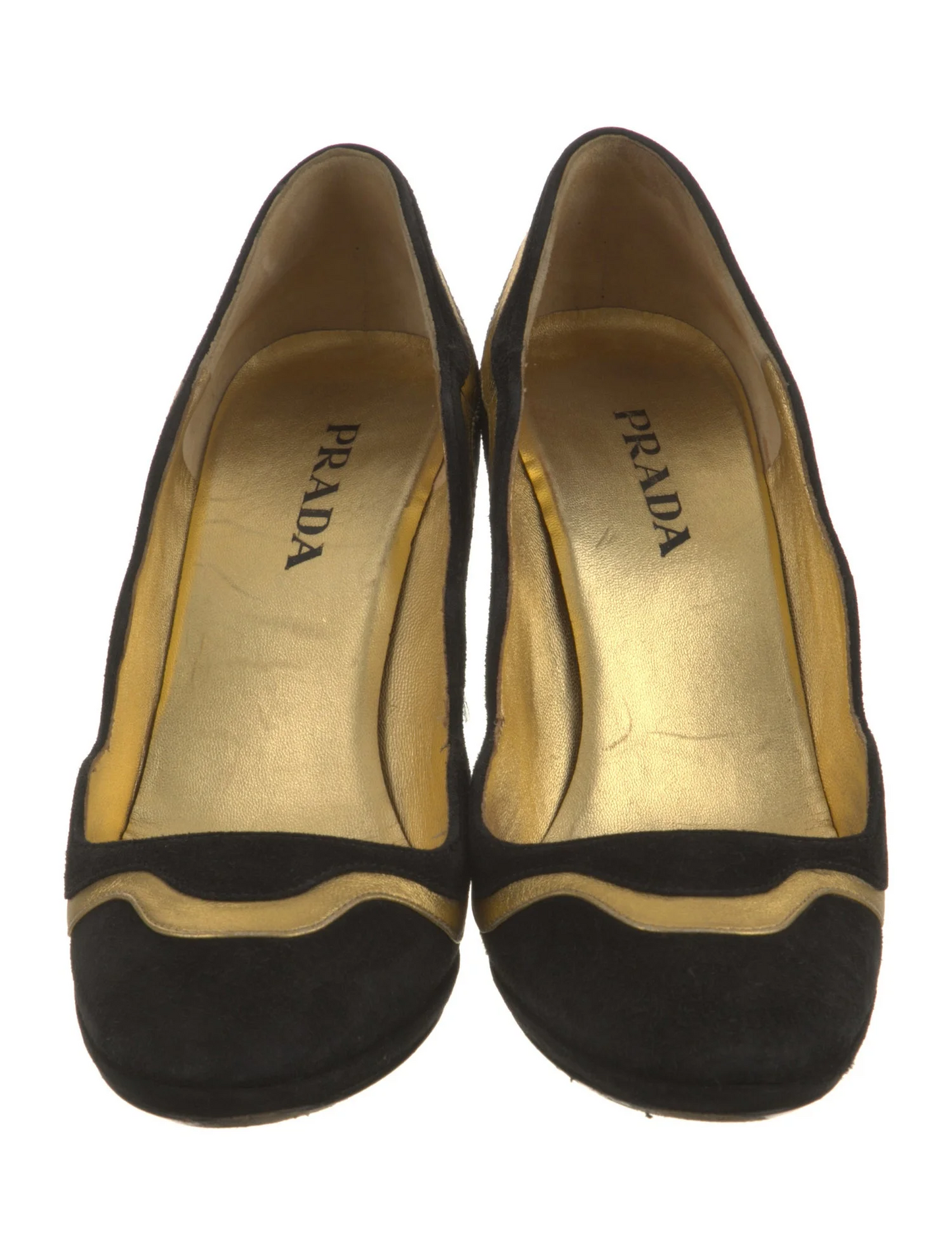 Prada black suede heels with gold wavy accent in size 6.5 with box