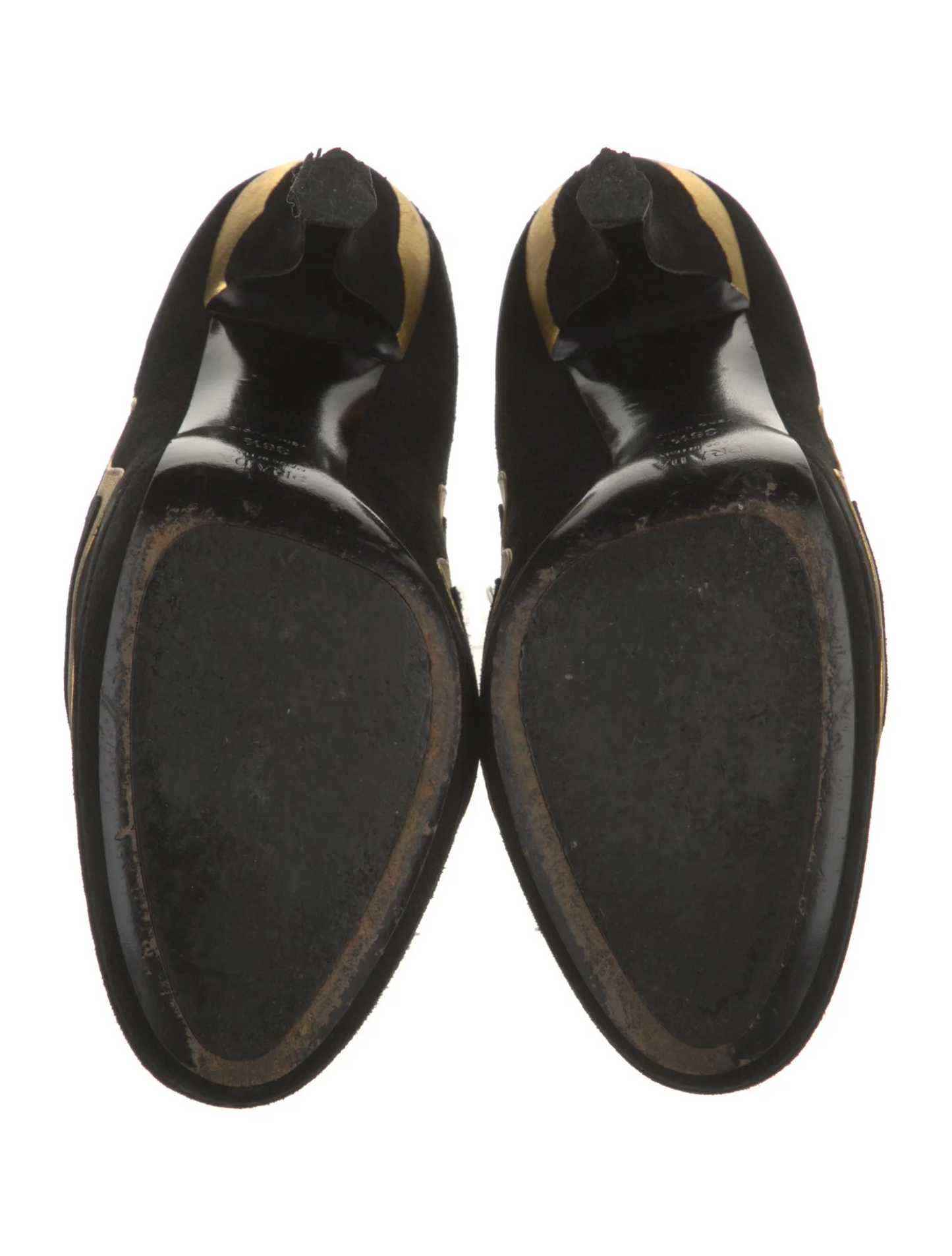 Prada black suede heels with gold wavy accent in size 6.5 with box
