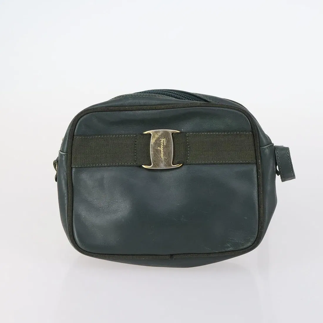 Ferragamo, forest green leather, cross body or shoulder bag with a gold Vara accent!