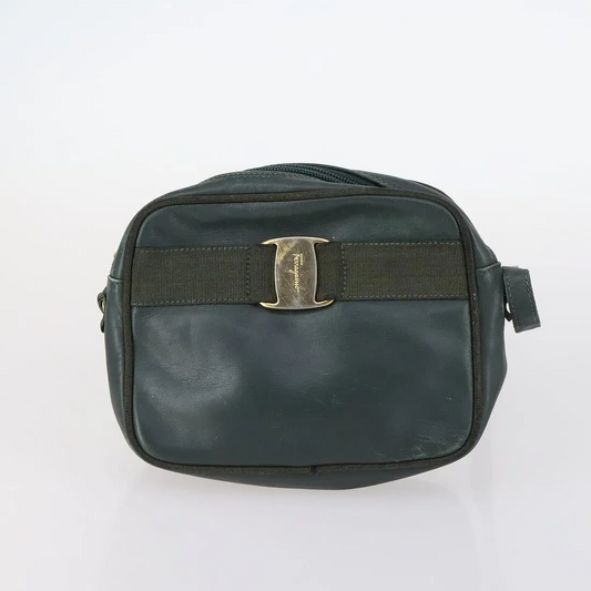 Ferragamo, forest green leather, cross body or shoulder bag with a gold Vara accent!