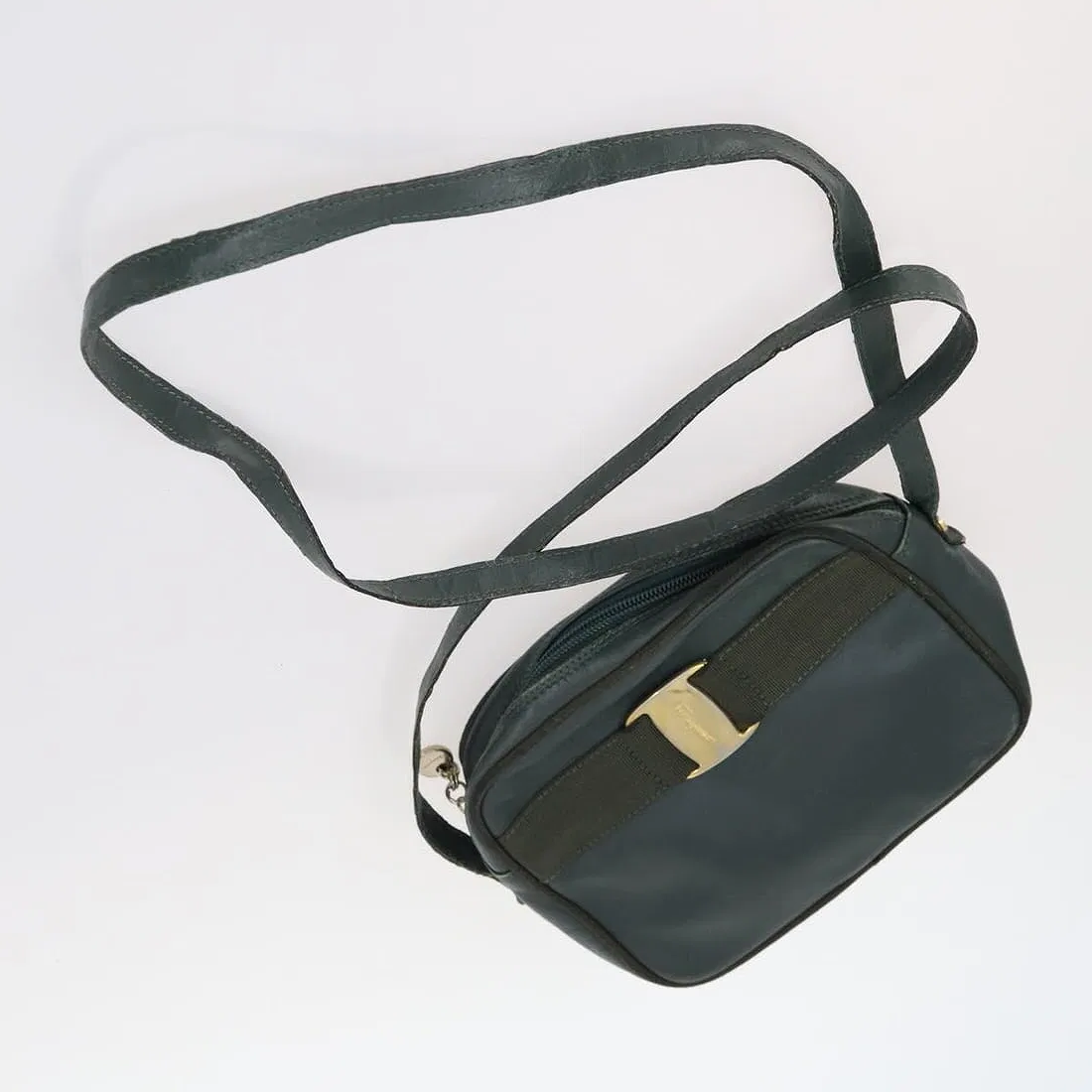 Ferragamo, forest green leather, cross body or shoulder bag with a gold Vara accent!