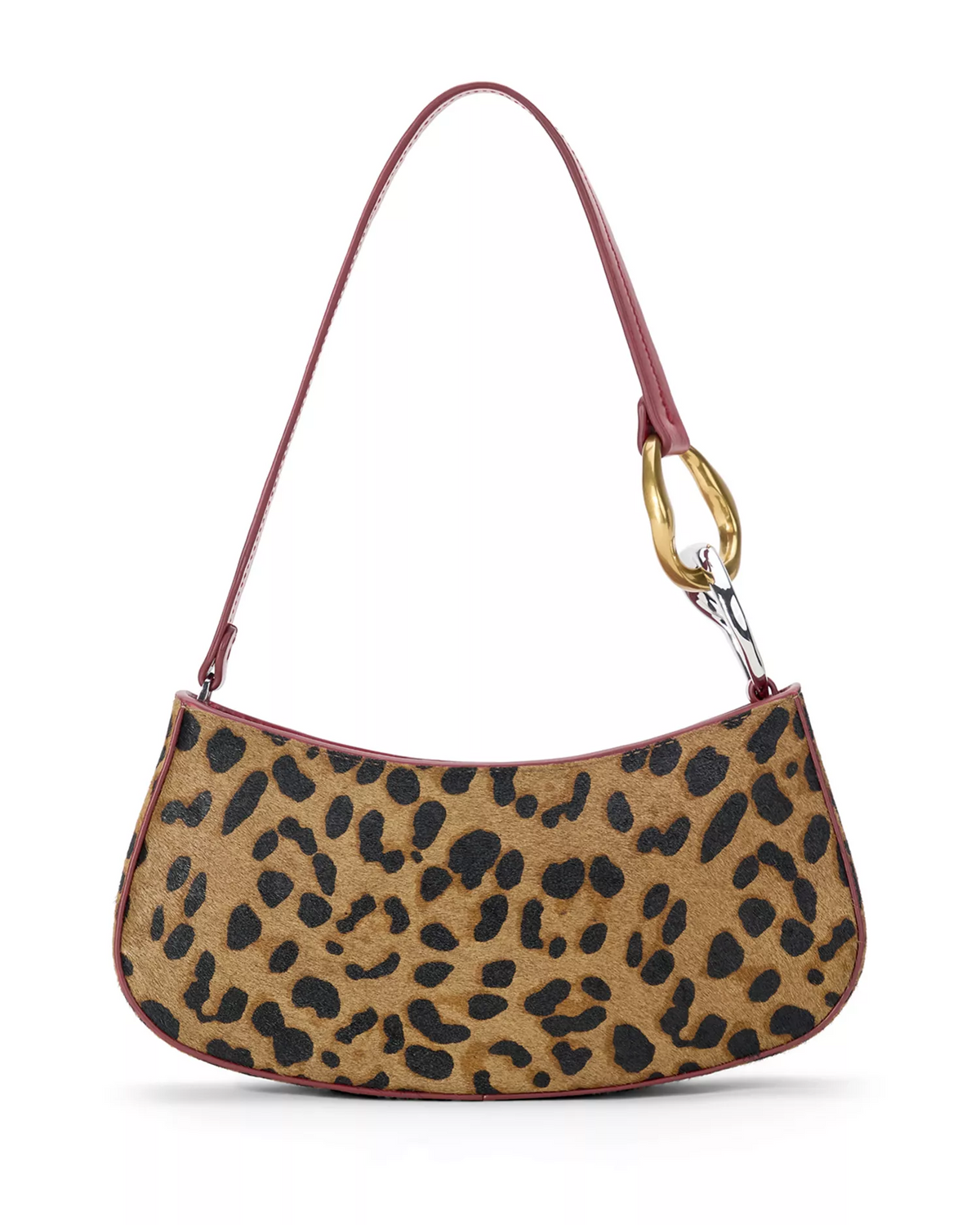 Staud NWT Ollie cheetah print pony hair & red leather shoulder bag with two-tone hardware