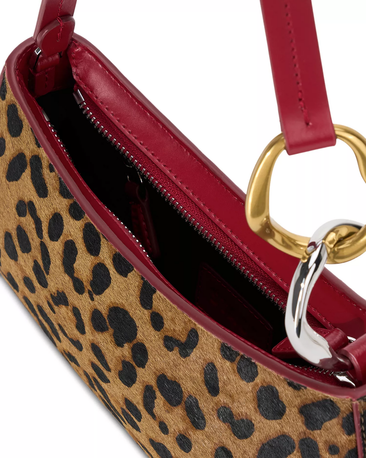 Staud NWT Ollie cheetah print pony hair & red leather shoulder bag with two-tone hardware