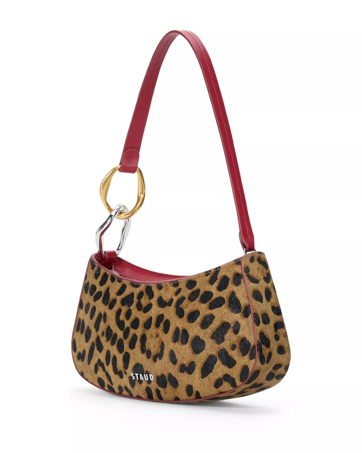 Staud NWT Ollie cheetah print pony hair & red leather shoulder bag with two-tone hardware