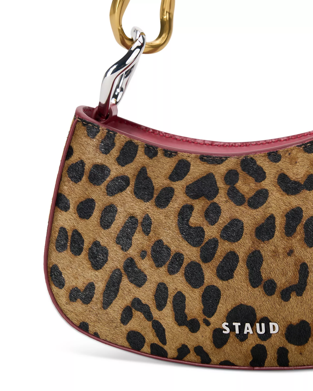 Staud NWT Ollie cheetah print pony hair & red leather shoulder bag with two-tone hardware