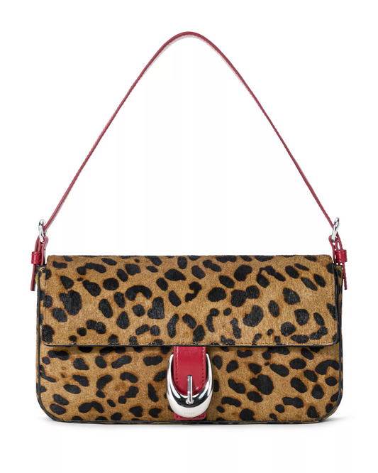 Staud NWT cheetah print pony hair &amp; red leather shoulder bag with chrome hardware