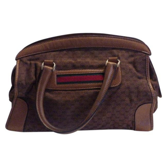 Gucci Vintage Dark Brown Small G Logo Print Fabric And Camel Leather With Red Green Stripe