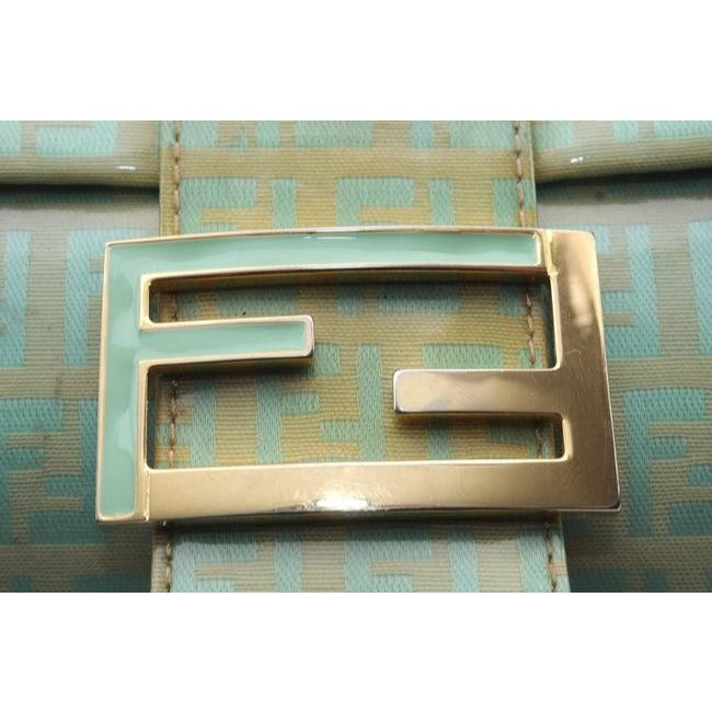 Fendi Xl W Print Enamel Ff Clasp Aqua Zucchino On Goldkhaki Patent Leather Baguette