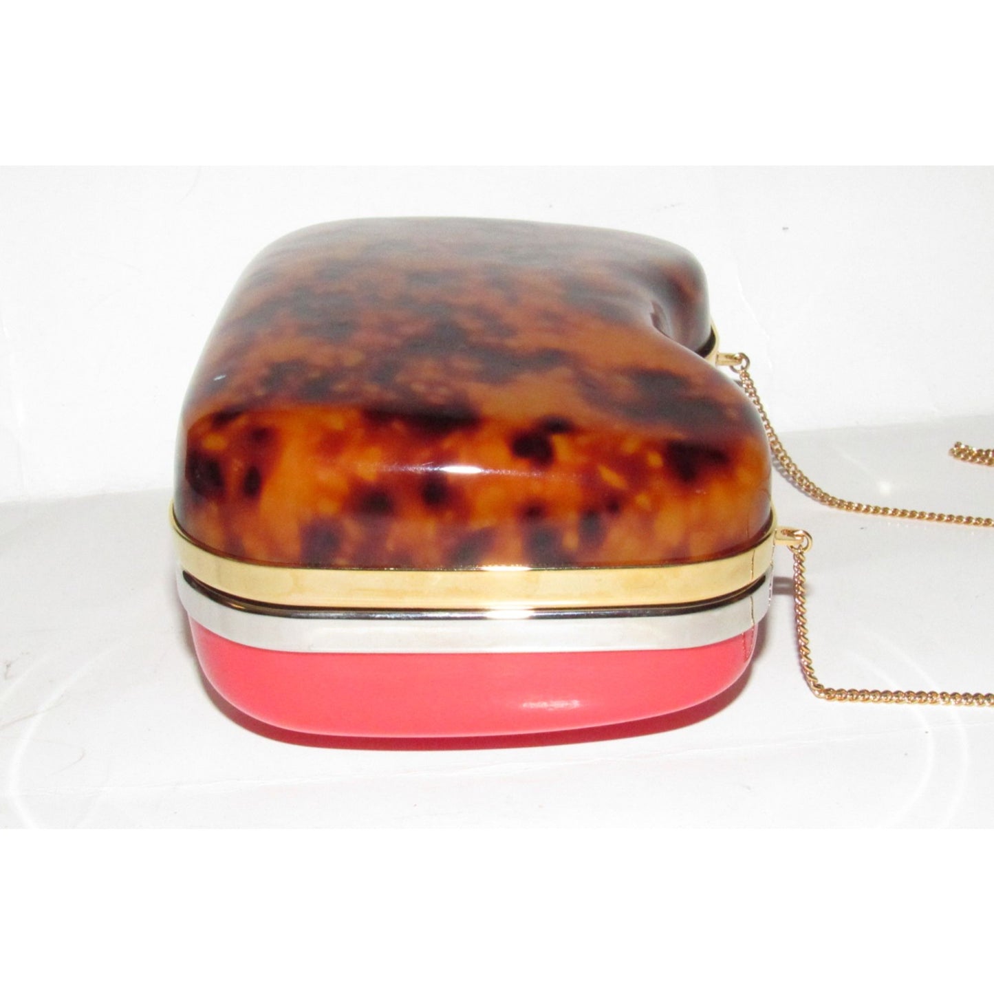 Retro, Fendi two way- clutch or cross body/shoulder clam shell style purse made of red & tortoise shell Lucite with a gold chain strap