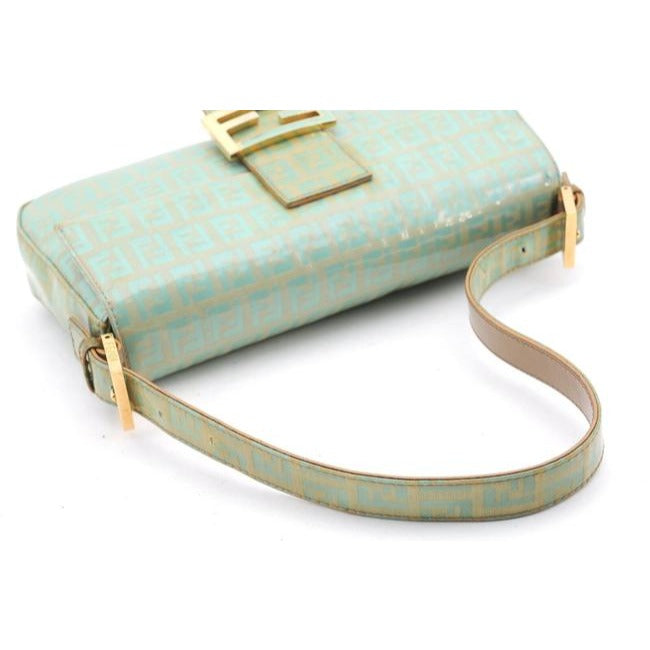 Fendi Xl W Print Enamel Ff Clasp Aqua Zucchino On Goldkhaki Patent Leather Baguette