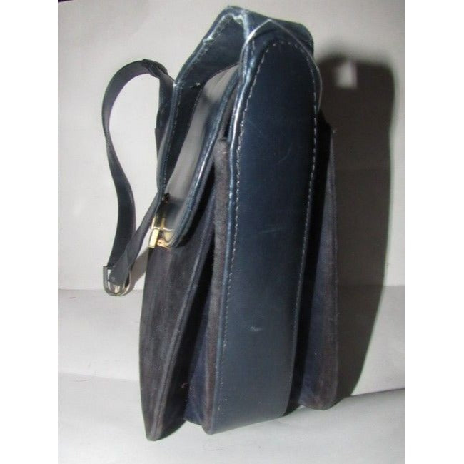 Gucci Vintage Navy Leather And Grey Suede Shoulder Bag