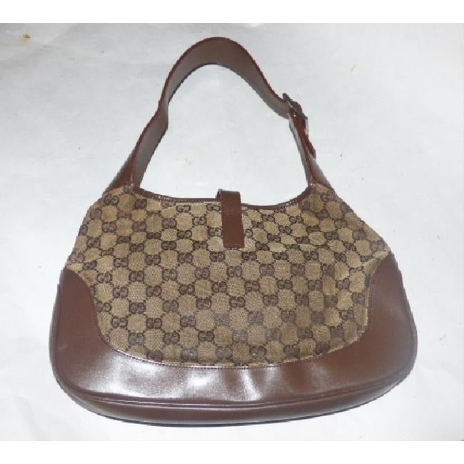 Gucci Jackie Vintage Style Shoulder Purse Brown Large G Logo Print Leather Canvas Hobo Bag