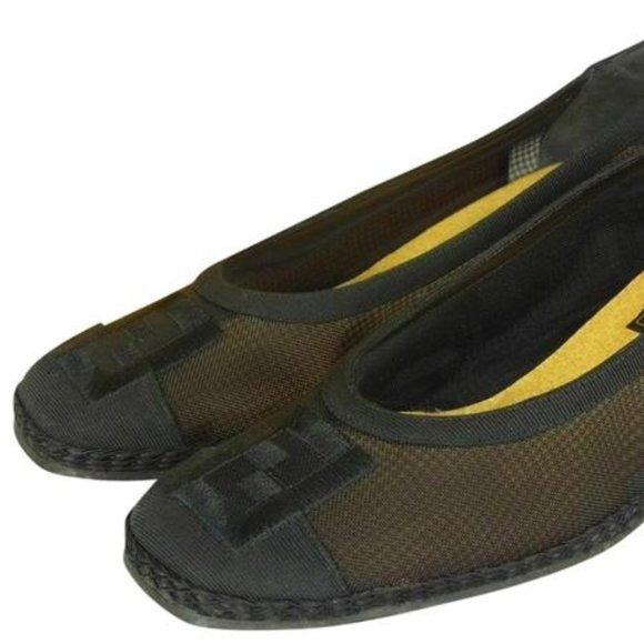 Fendi Black Suede & Leather Flats with FF Logo At Toes & Low Wedge Heels