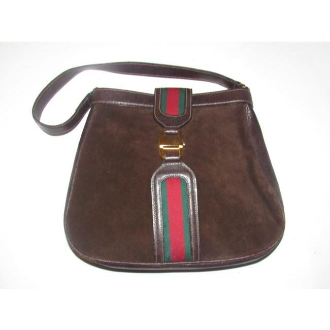 Gucci Jackie Bag Vintage Ophidia Large Dark Brown Suede And Leather With A Red And Green Canvas Stri