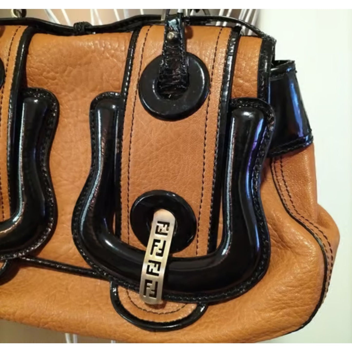 Fendi B Buckle style XL satchel style purse in caramel leather & black patent leather with two antique gold finish chain accent straps