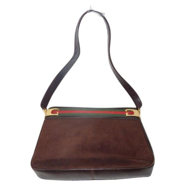 Gucci Vintage Brown Suede And Leather With Red And Green Striped Top Hobo Bag