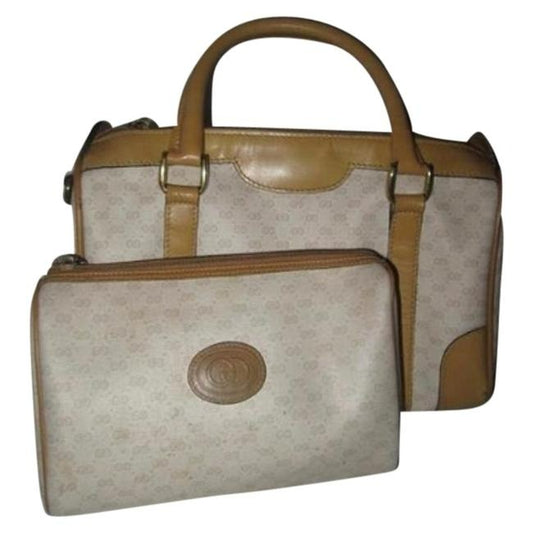 Gucci Vintage Camel Leather And Small G Logo Print On Ivory Coated Canvas