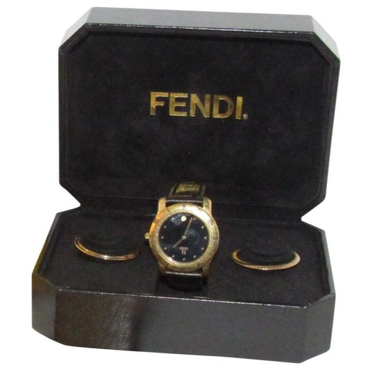 Fendi Brown Leather Round Gold Bezel Jewelry And Watch Combo