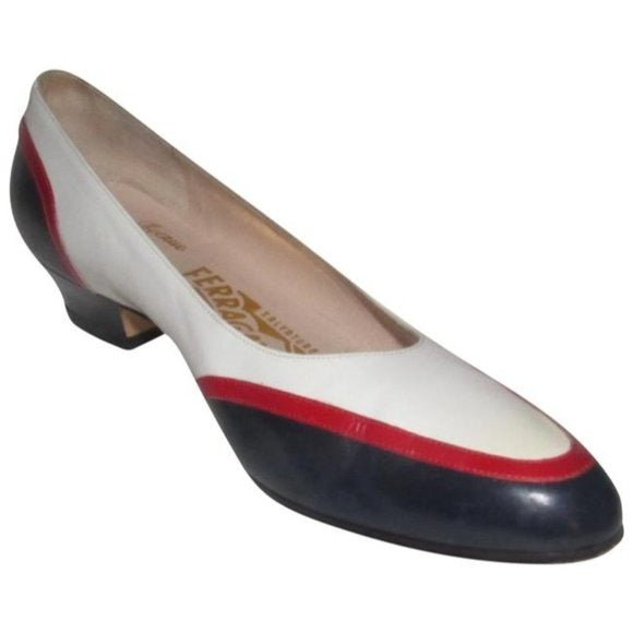 Ferragamo Red White and Blue Color Block Pumps