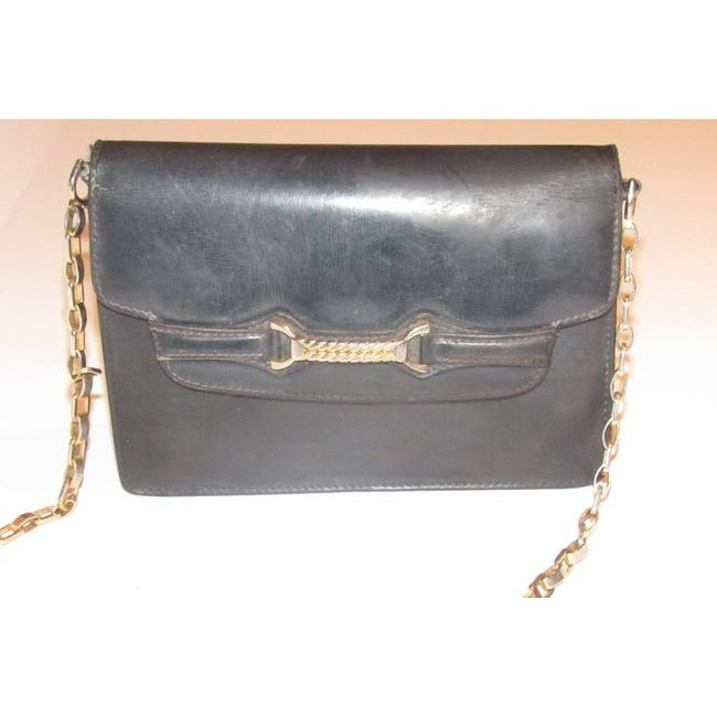 Gucci Horsebit Clutch W Structured Boxy Two Way Strap Black Leather Gold Chain Shoulder Bag