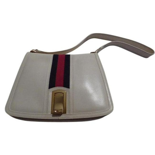 Gucci Vintage White Leather With Wide Red Blue Striped Center Hobo Bag