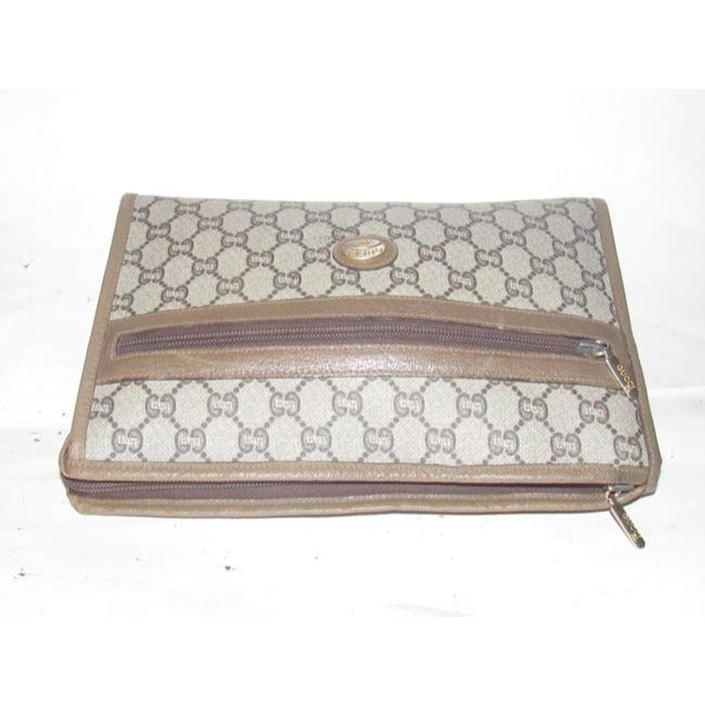 Gucci Webby Vintage Brown Coated Canvas With Plus Print & Brown Leather Clutch