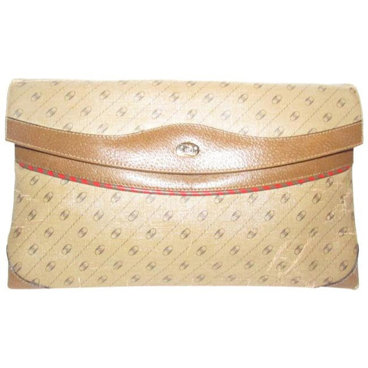 Gucci Brown Diagonal Link Print Clutch w Double Flap Top & Red & Green Trim