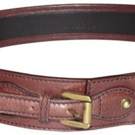 Gucci Brown Leather & Burgundy Velvet Belt w Brass Equestrian Buckle