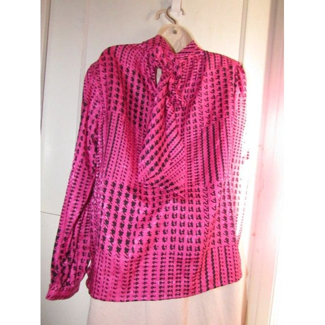 Pink And Black Hounds-Tooth Print Silky Polyester With Tie Neck Vintage Secretary Top