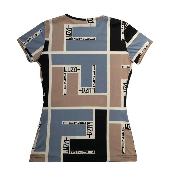 Fendi Blue Brown Black Zucca Logo Print Blouse