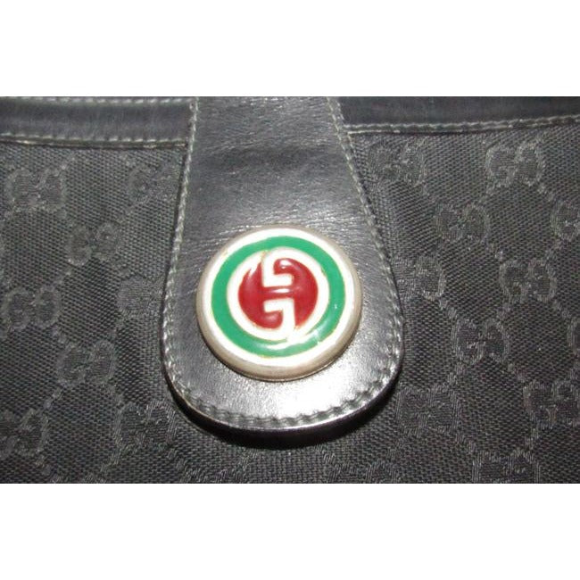 Rare, GUCCI, black Guccissima print satchel/tote bag w/ a 1973 style, round, red and green enamel GG logo snap!