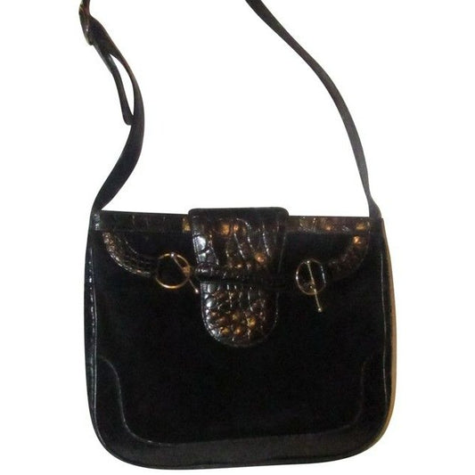RARE, Gucci, 'snaffle' style, bohemian/mod, black suede and crocodile leather, hobo style shoulder purse with a wide, crocodile embossed leather flap snap closure and gold tone equestrian accents