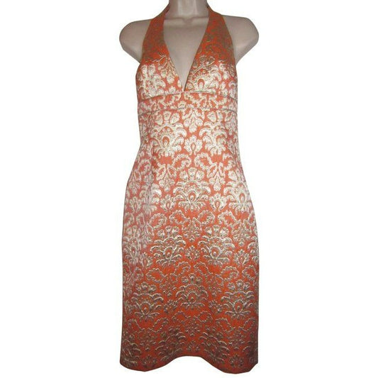 David Meister Orange Metallic Brocade Mid Length Cocktail Dress