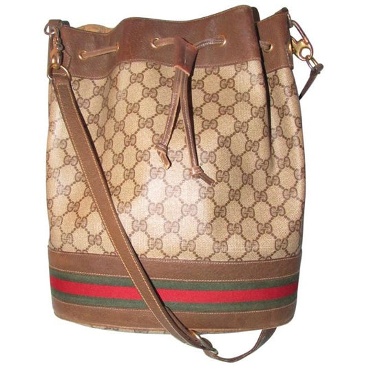 Gucci brown Guccissima print coated canvas & brown leather drawstring top Bucket Bag w red & green striped bottom