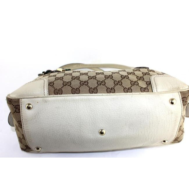 Gucci W Print Canvasleather Sherry Stripe Accents Brown Guccissimawhite Leathercanvas Satchel