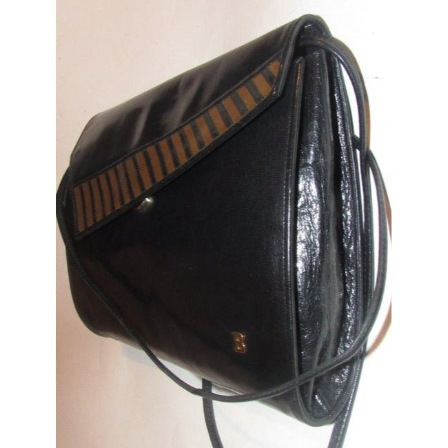 Bally Vintage Pursesdesigner Purses Black Glossy Leather With Asymmetrical Brown And Black Striped E